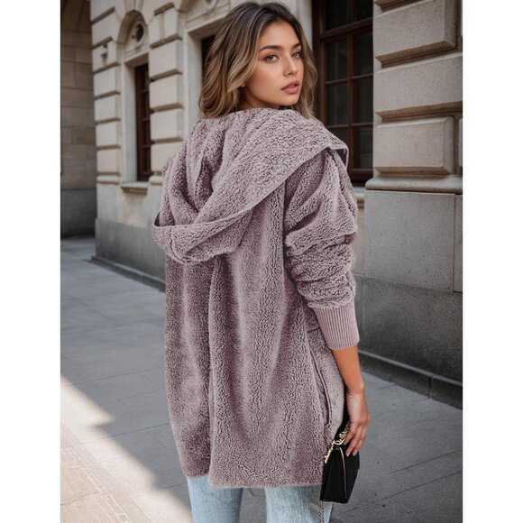 Women Hooded Cardigan Fuzzy Jacket Winter Open Front Fleece Coat Outwear with Po - Picture 3 of 6
